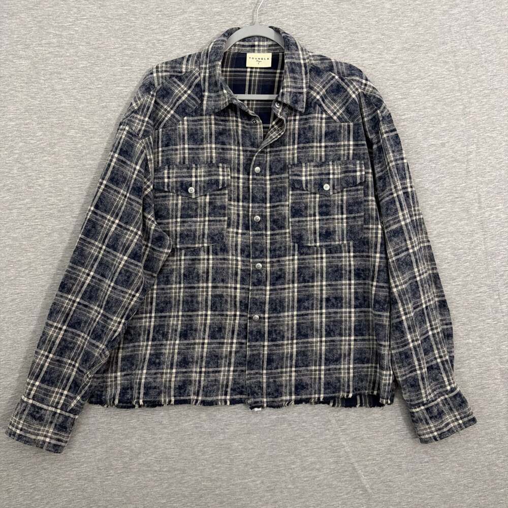 YoungLA Mens Large Outlaw Flannel Shirt Plaid Snap Fringe Boxy Raw Hem 8023